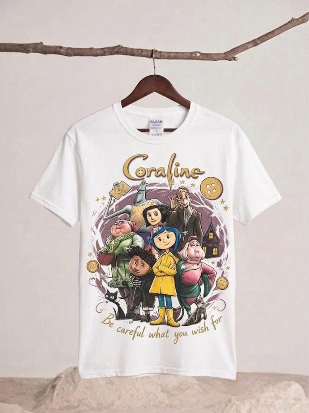 Coraline Movie Characters Graphic T-Shirt Be Careful What You Wish For White Tee